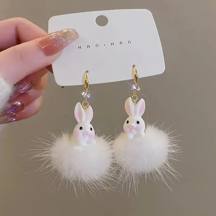 White Plush Cotton Rabbit Carrot Drop Earrings Cute Winter Gift
