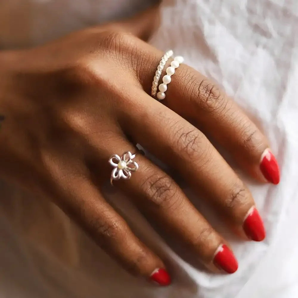 18K Gold Plated Stainless Steel Flower Ring with Imitation Pearl for Women Wedding
