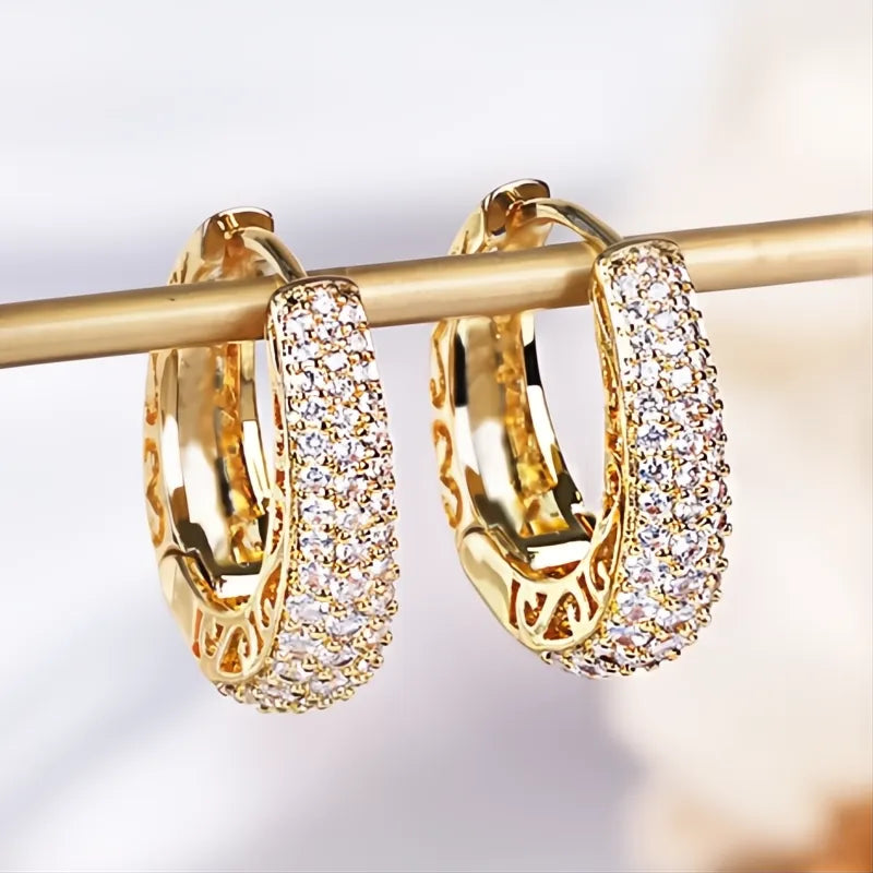 Luxury Gold Color Cubic Zirconia Paved Hollow Out Hoop Earrings for Women Fashion Jewelry