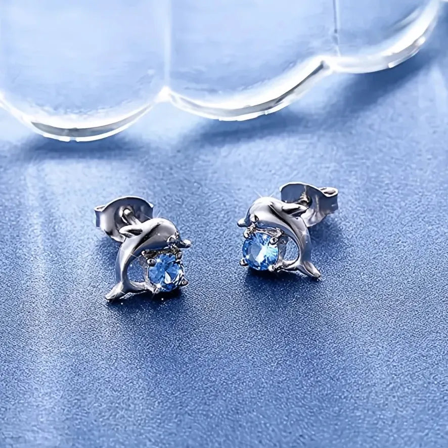 Ocean Blue Dolphin Cubic Zirconia Stud Earrings for Women Cute Animal Jewelry Gift