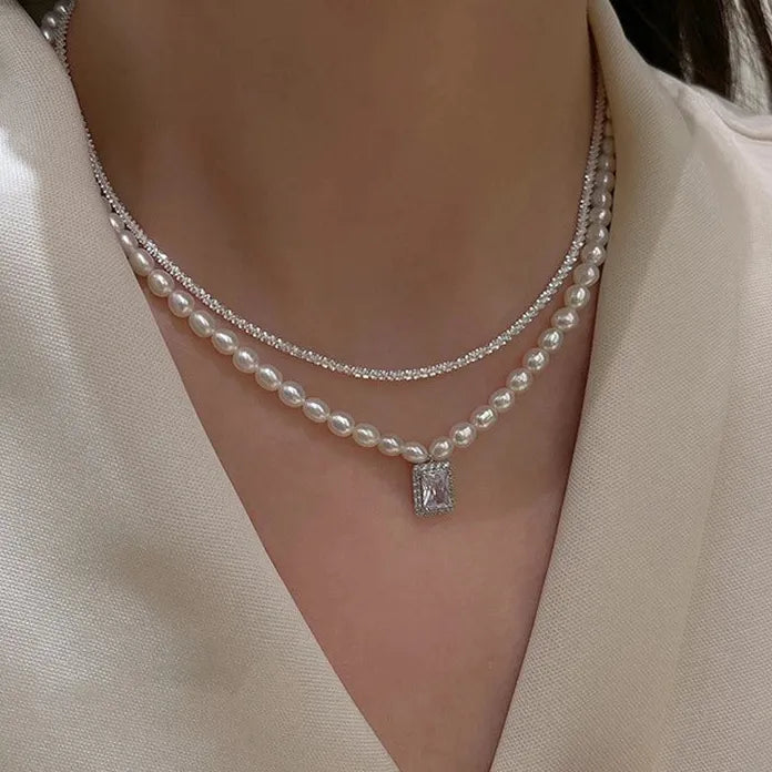 Luxury Double Layer Pearl Necklace with Crystal Pendant Choker Gift
