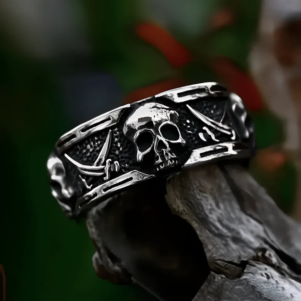 316L Stainless Steel Punk Vintage Skull Pirate Double Knife Ring Unisex Biker Jewelry Gift