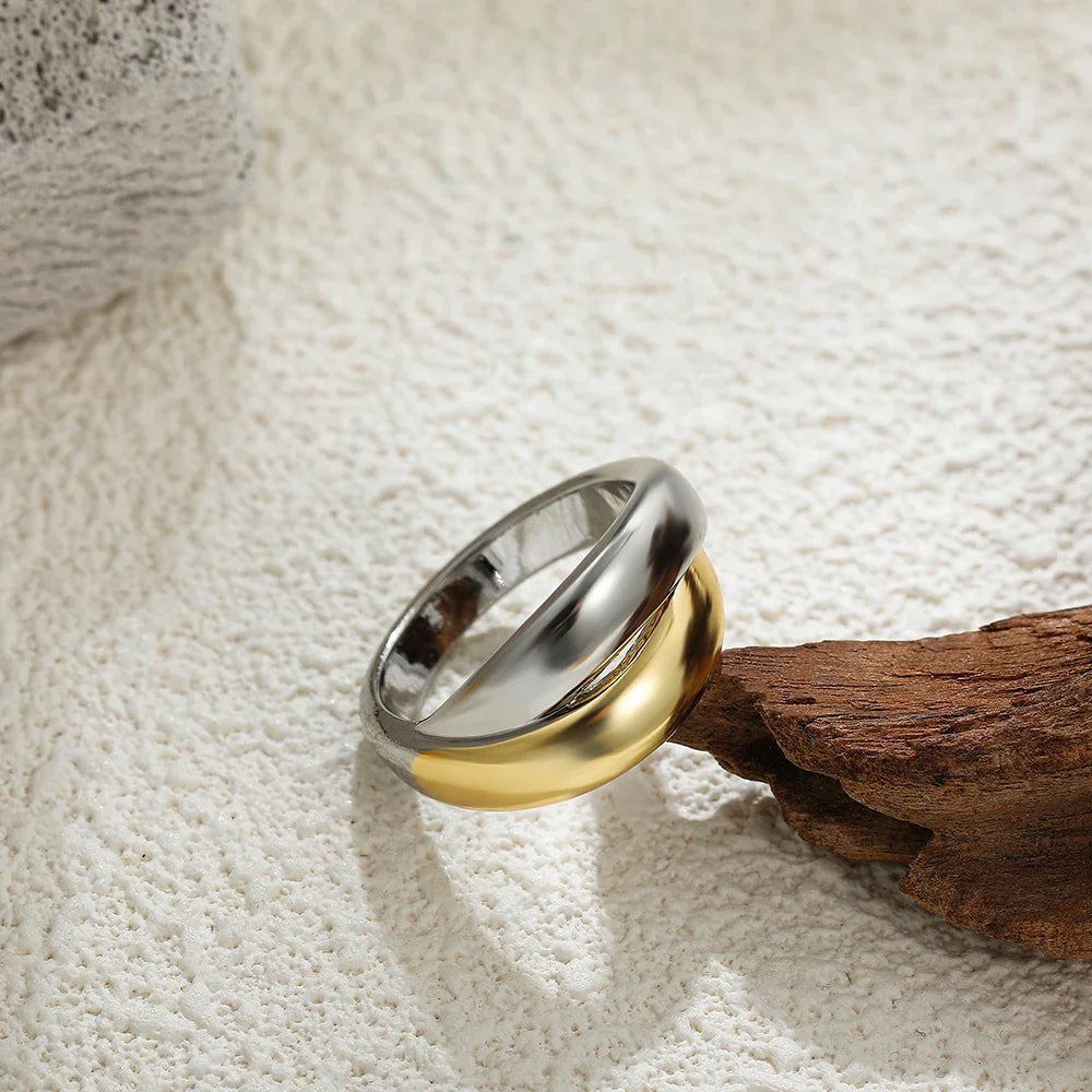 Punk Gold & Silver Stainless Steel Double Circle Ring Waterproof Wedding Jewelry