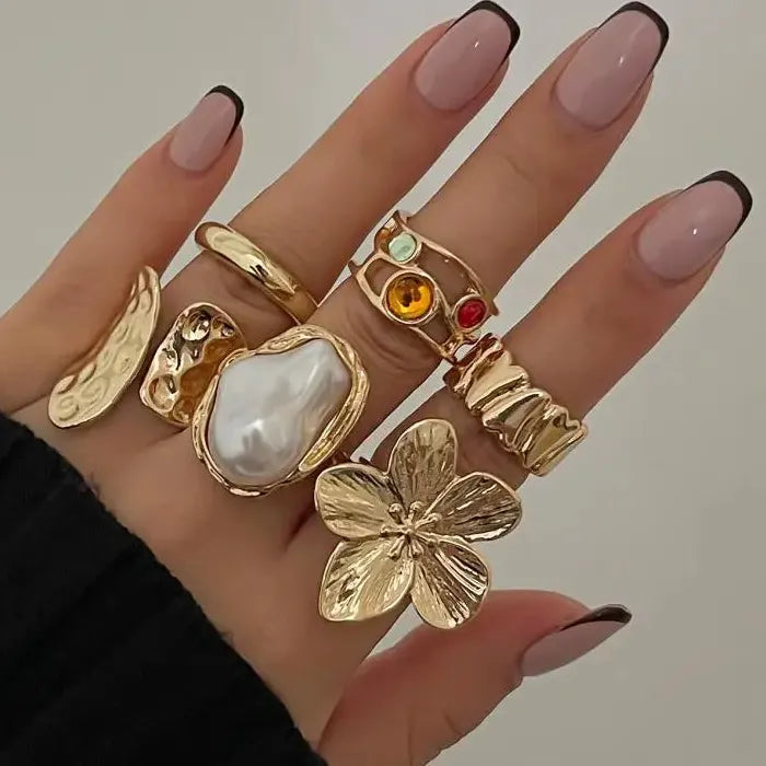Gold Flower Pearl Crystal Open Ring for Women Elegant Jewelry Gift