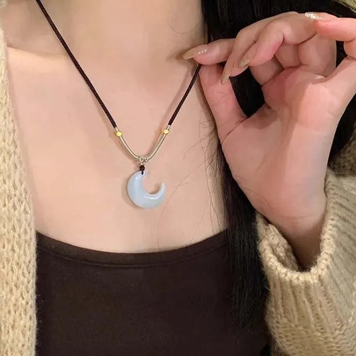 Chinese Style Opal Moon Pendant Necklace Women Acrylic Beaded Chain Gift