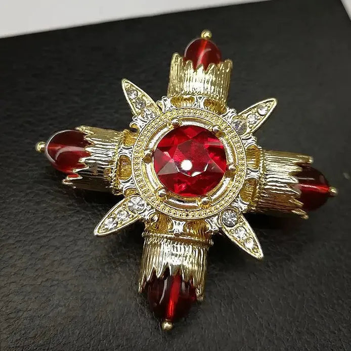 Retro Vintage Red Emerald Cross Brooch Pin Jewelry for Women