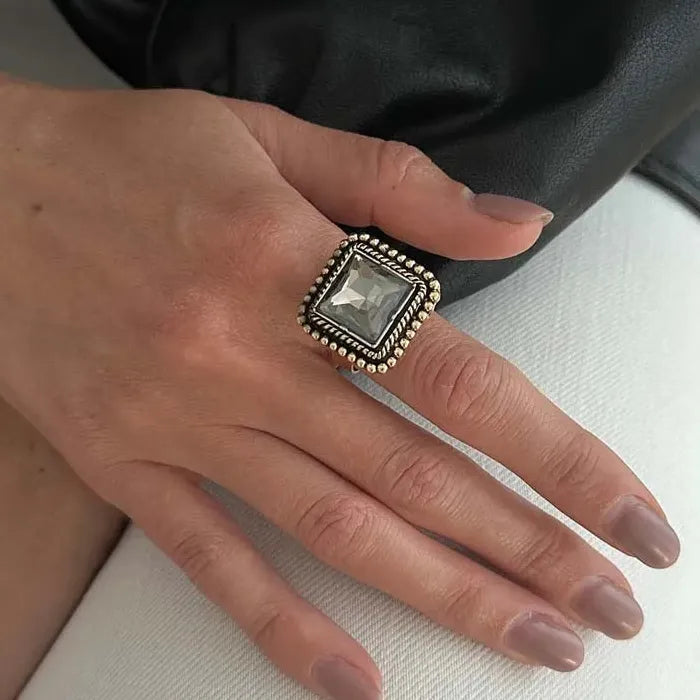 Adjustable Large Vintage Zircon Square Punk Geometric Cocktail Ring