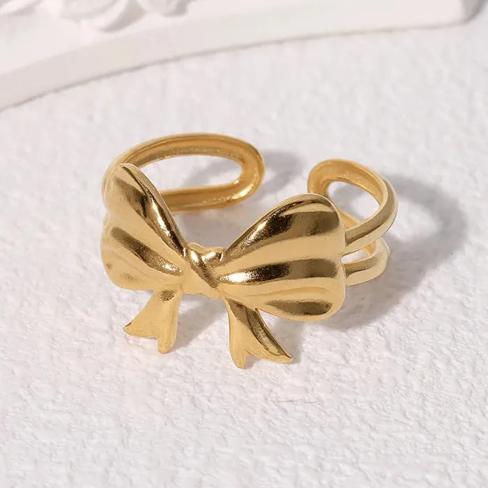 Adjustable Gold Color Stainless Steel Bowknot Ribbon Ring for Women Jewelry Gift