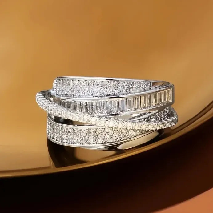 Multi-layer Geometric Cubic Zirconia Brass Ring for Women