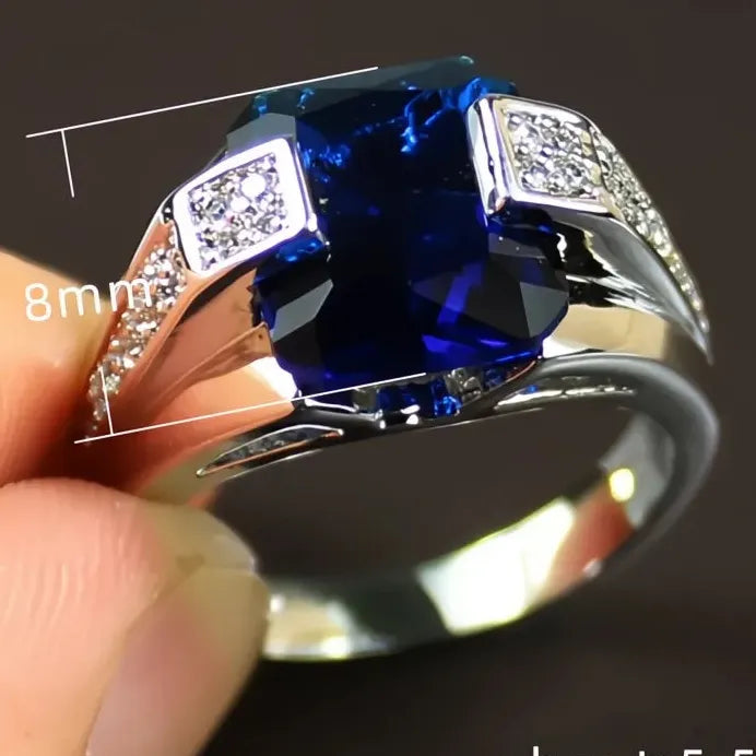 Deep Blue Geometric Cubic Zirconia Cocktail Ring for Women Silver Tone