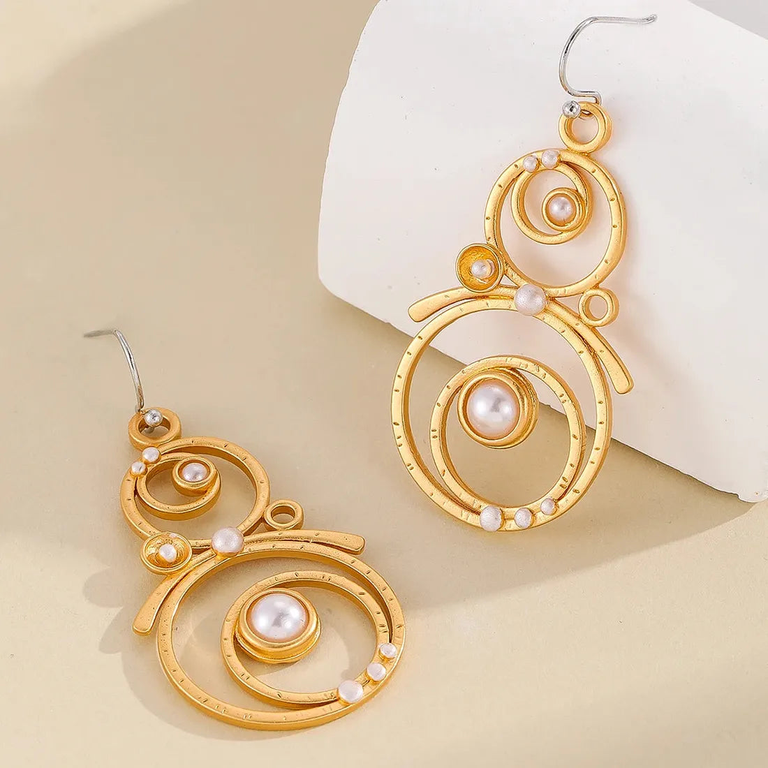 Handmade Bohemian Round Imitation Pearl Earrings Metal Carved Pendant Jewelry