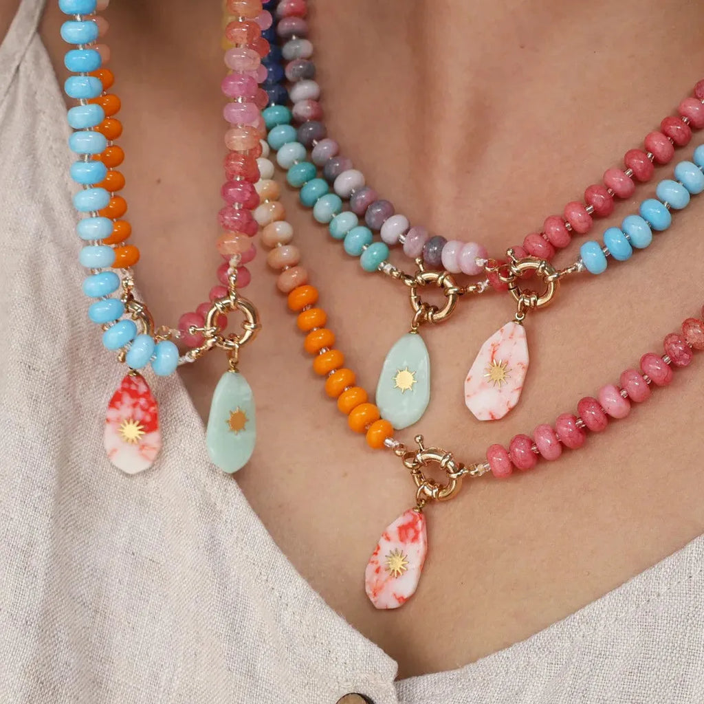 Handmade Multi Colored Rice Bead Natural Stone Geometric Pendant Choker Necklace
