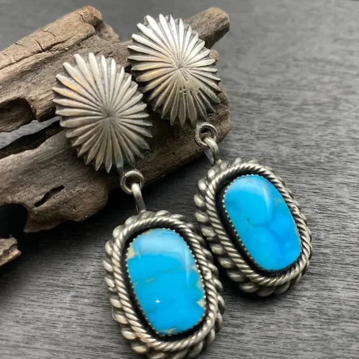 Vintage Blue Stone Geometric Drop Earrings Bohemian Ethnic Silver Zinc Alloy