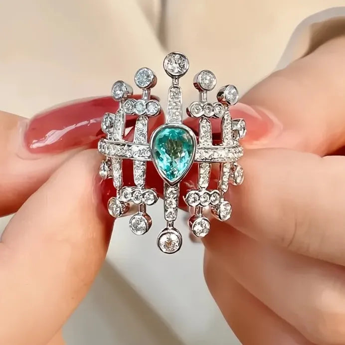 Geometric Pear Green CZ Wide Band Cocktail Wedding Ring for Women