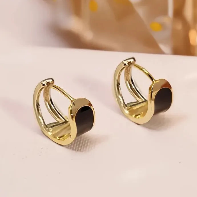 Black Enamel Gold Geometric Hoop Earrings Brass Epoxy Luxury Gift Women