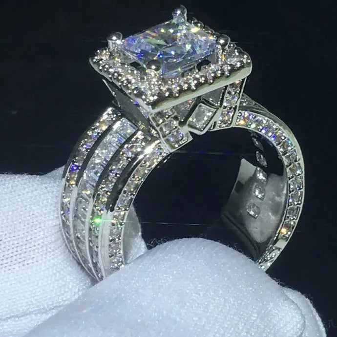 Elegant Shiny Halo Zinc Alloy Ring Square Cut Zircon Wedding Engagement Gift