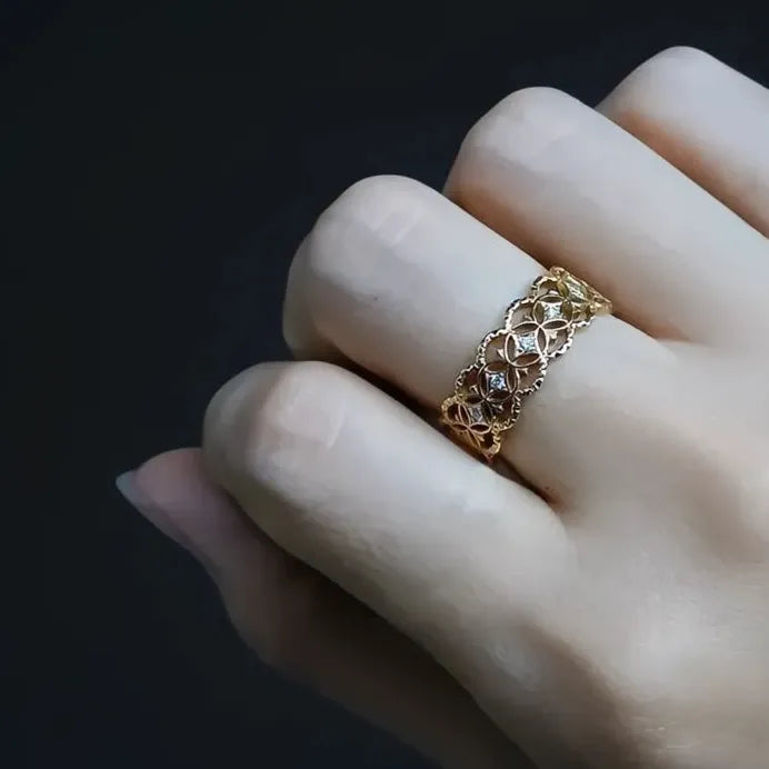 Gold Hollow Out Wedding Band with Cubic Zirconia for Women Jewelry