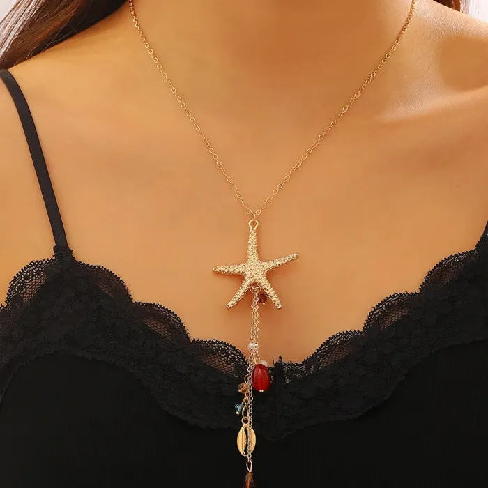 Boho Starfish Shell Jewelry Set Zinc Alloy Crystal Bead Necklace Earrings