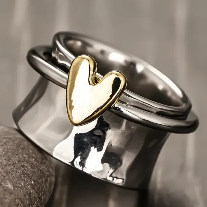 Two Tone Brass Heart Ring Wedding Jewelry for Women Party Fashion