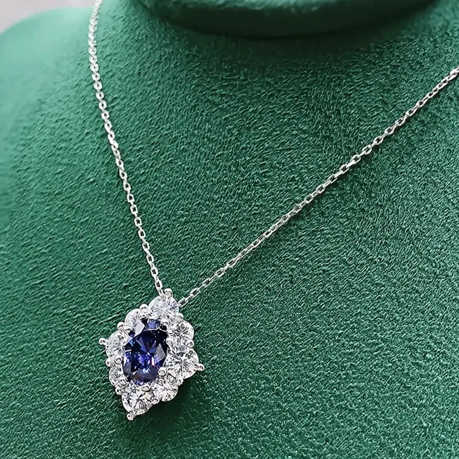 Blue Cubic Zirconia Geometric Pendant Necklace for Women Wedding Jewelry