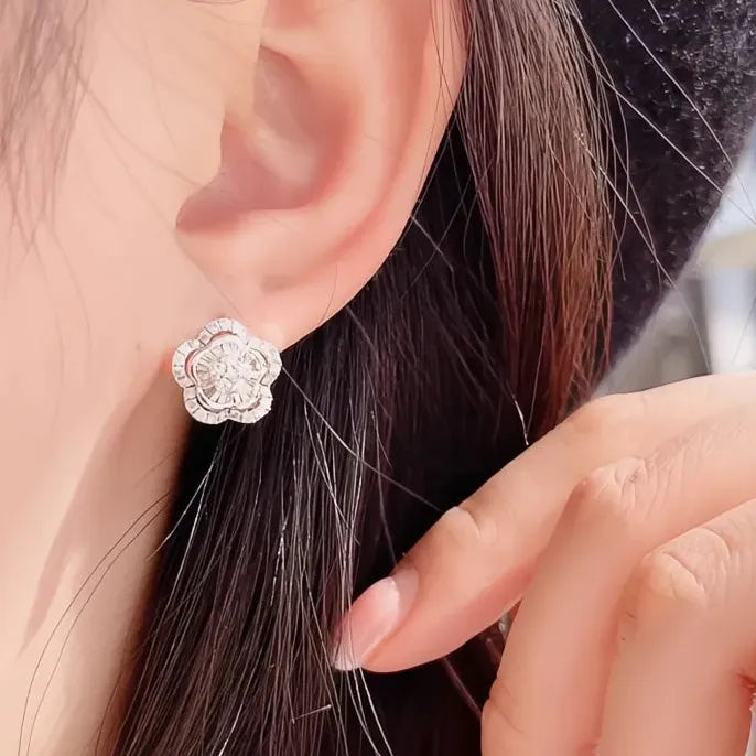 Geometric Silver Flower Cubic Zirconia Wedding Stud Earrings Jewelry
