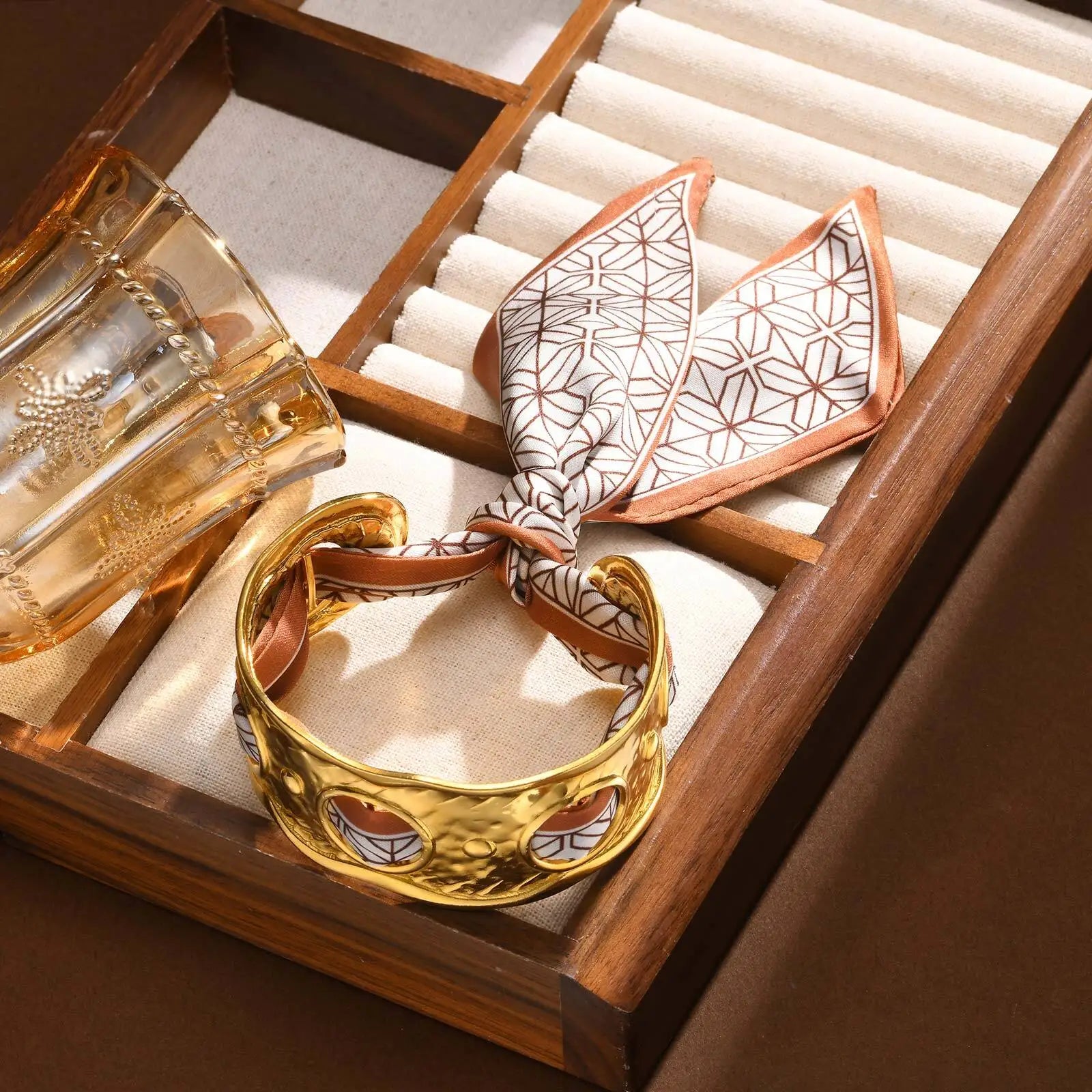 Gold Plated Stainless Steel Hollow Open Bangle Silk Scarf Bracelet Women