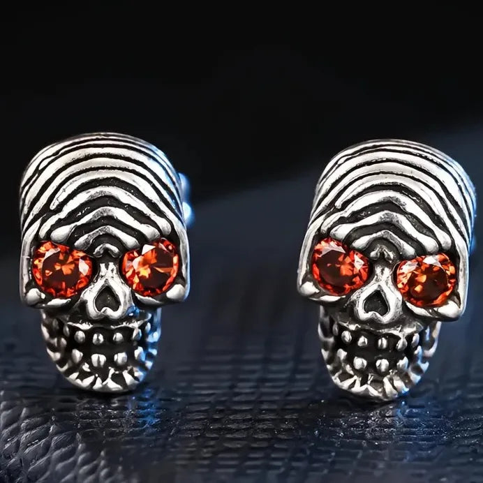 Neo-Gothic Women Skull Stud Earrings with White & Red Cubic Zirconia