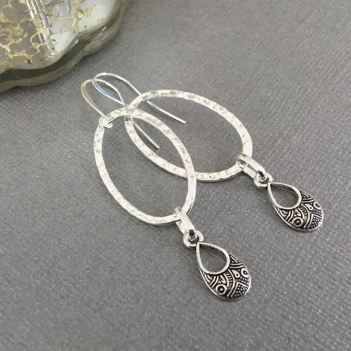 Retro Silver Oval Drop Earrings Zinc Alloy Classic Jewelry for Women Gifts