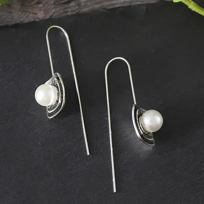 Vintage Round White Imitation Pearl Women’s Long Hook Earrings Zinc Alloy Double-Sided Pendant Jewelry