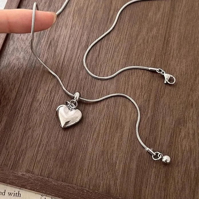 Stainless Steel Heart Pendant Necklace with Round Ball Sweater Chain for Women