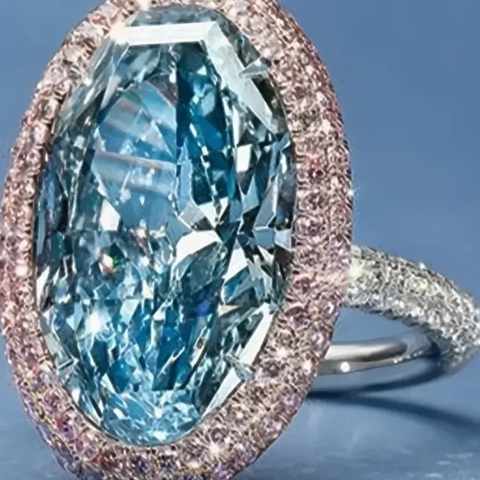 Large Oval Blue Cubic Zirconia Ring for Women Wedding Party Brass Jewelry