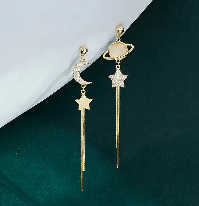 Pentagram Asymmetric Long Tassel Earrings Rhinestone Star Jewelry for Women