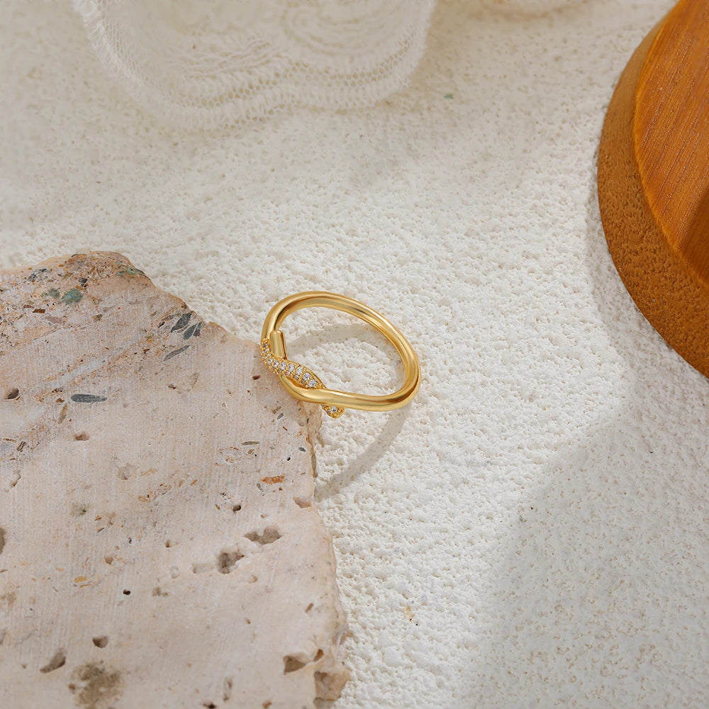 18K Gold Plated Stainless Steel Twist Knot Ring for Women with Cubic Zirconia