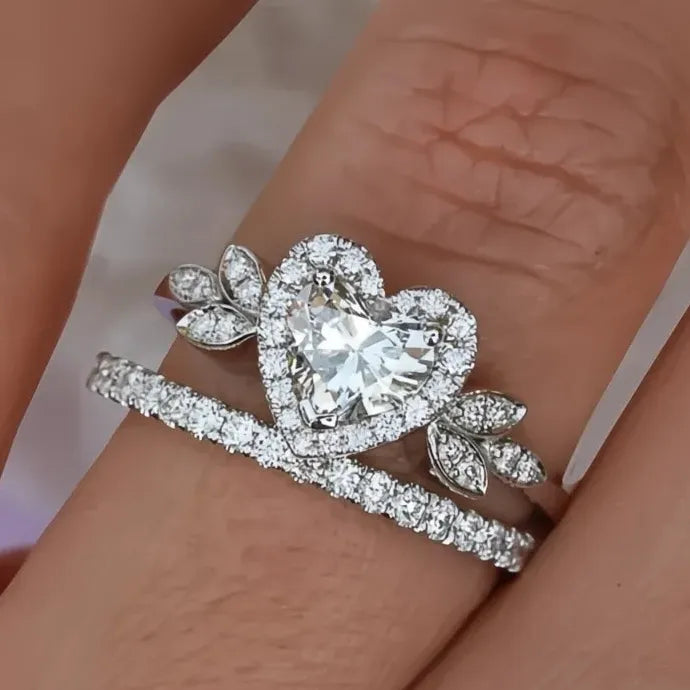 2Pcs Heart Rings Set Cubic Zirconia Brass Promise Wedding Jewelry for Women