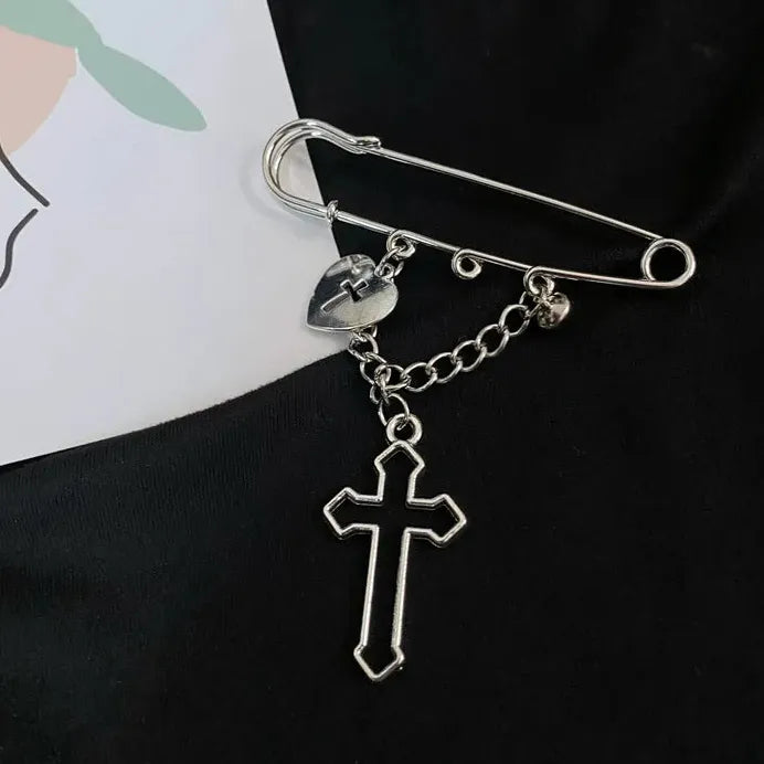Y2K Punk Gothic Silver Zinc Alloy Cross Tassel Brooch for Men Women