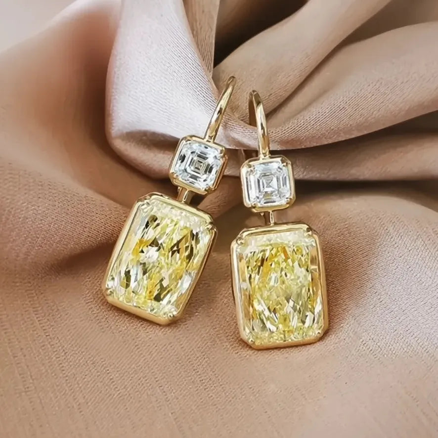 Simple Stylish Square Yellow Cubic Zirconia Drop Earrings Gold Color Fashion Jewelry for Women Wedding
