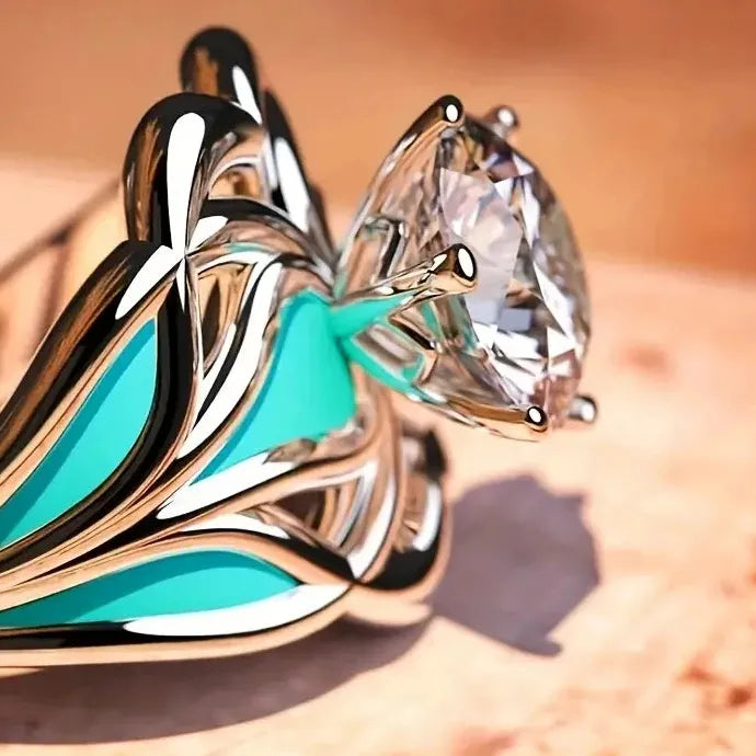 Luxury Zinc Alloy Metal Flower Hollow Ring with Round Crystal Zircon for Women