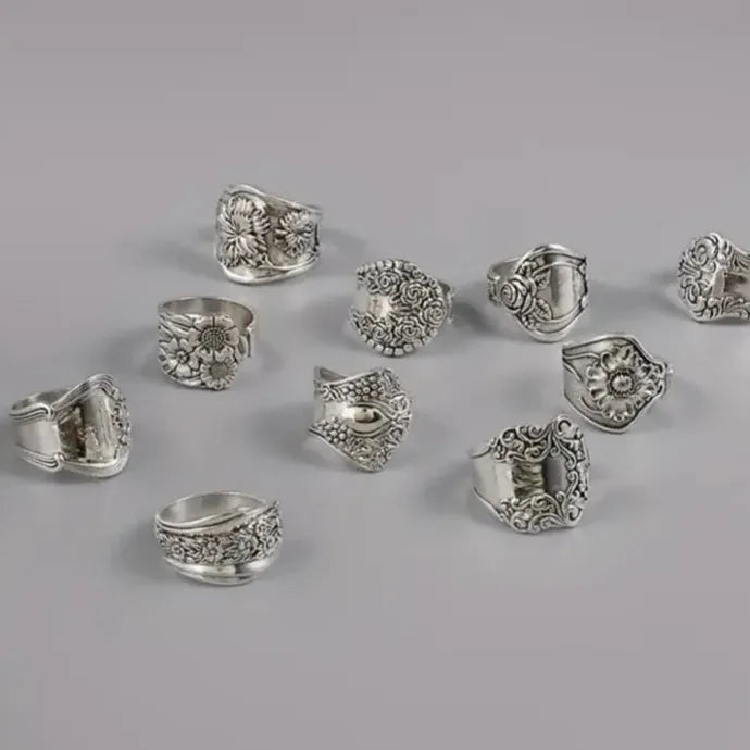 Punk Metal Carved Print Adjustable Silver Ring for Women Men Hip Hop Gift
