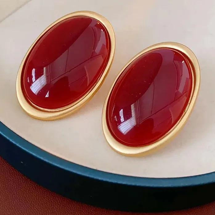 Vintage Red Geometric Stud Earrings for Women Gold Oval Party Jewelry
