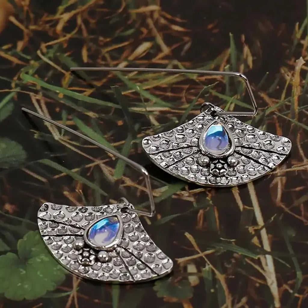 Bohemian Moonstone Drop Earrings Retro Carving Flower Pendant Zinc Alloy Gift