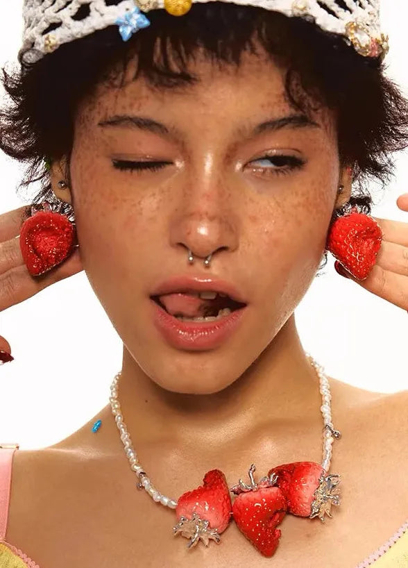 Strawberry Plant Earrings for Women Romantic Copper Jewelry Gift Studs