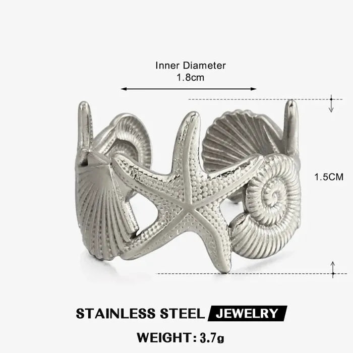 Vintage Stainless Steel Ocean Ring Starfish Conch Crab Fish Adjustable Jewelry