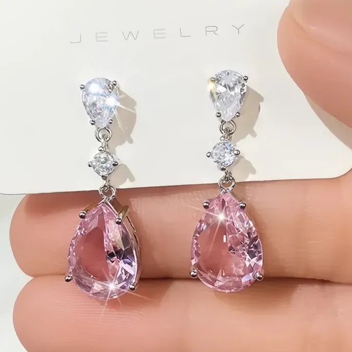 Temperament Sweet Pink Pear Cubic Zirconia Drop Earrings for Women Engagement Party Jewelry