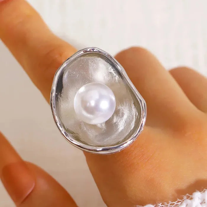 Pearl Geometric Layered Trumpet Flower Rings Set for Women Fashion Jewelry