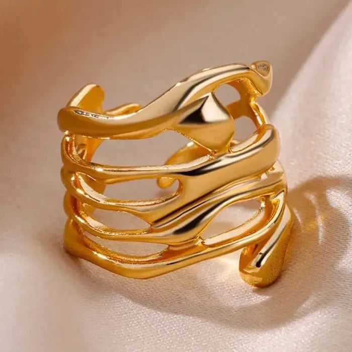 Adjustable Stainless Steel Skeleton Ring Gold Color Wide Band Women Men Jewelry