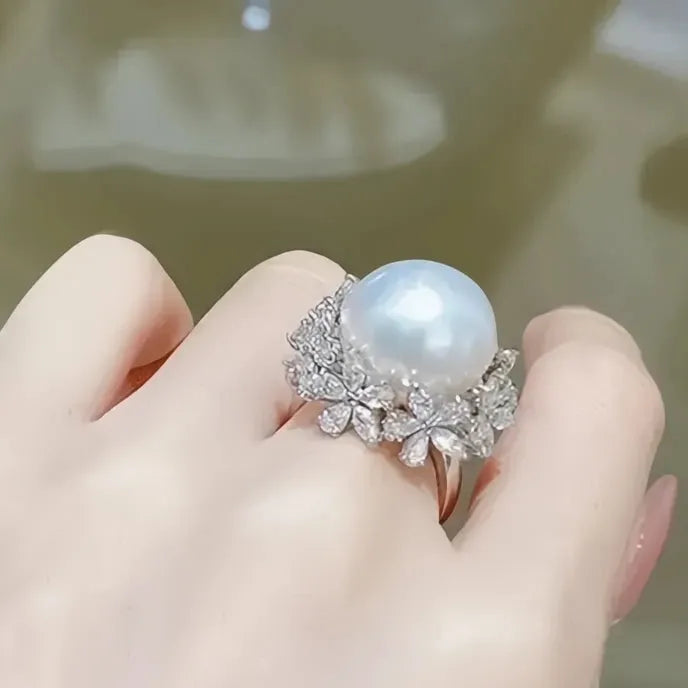Women’s Brass Cocktail Ring with Imitation Pearl CZ Flower Geometric Design