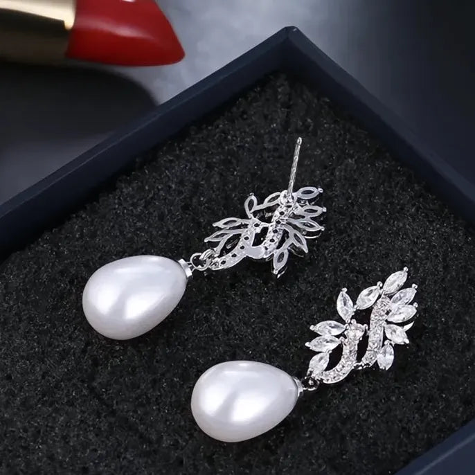 Geometric Water Drop Pearl Earrings with CZ Inlay Copper Alloy Jewelry for Women