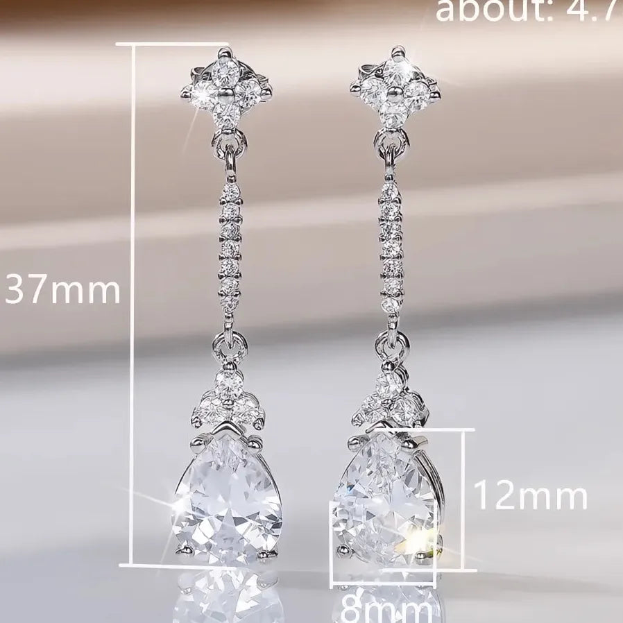 Geometric Crystal Pear Cubic Zirconia Drop Earrings Silver Wedding Jewelry