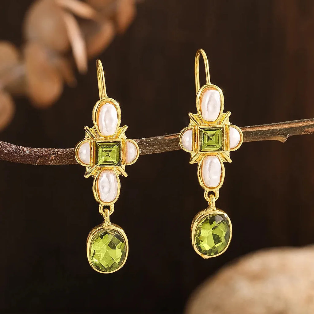 Geometric Green Stone Inlay Pearl Dangle Earrings for Women Party Jewelry
