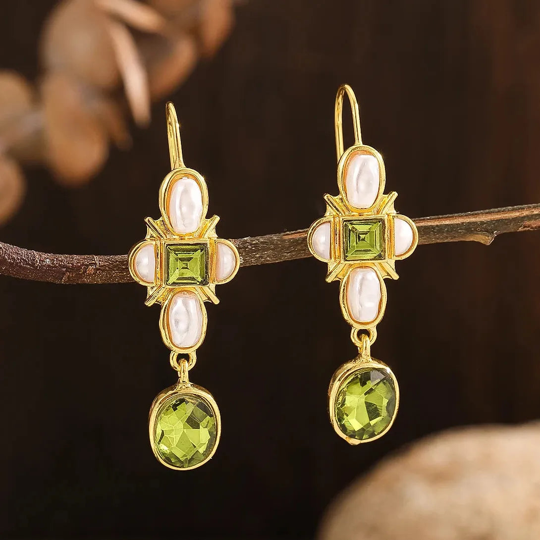 Geometric Green Stone Inlay Pearl Dangle Earrings for Women Party Jewelry